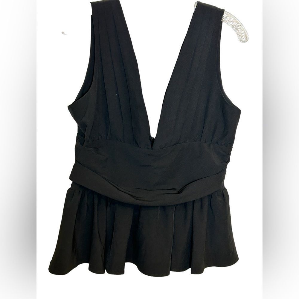 Malibu Sky V-neck peplum top; black, pleated, cummerbund waist, polyester, NWT
